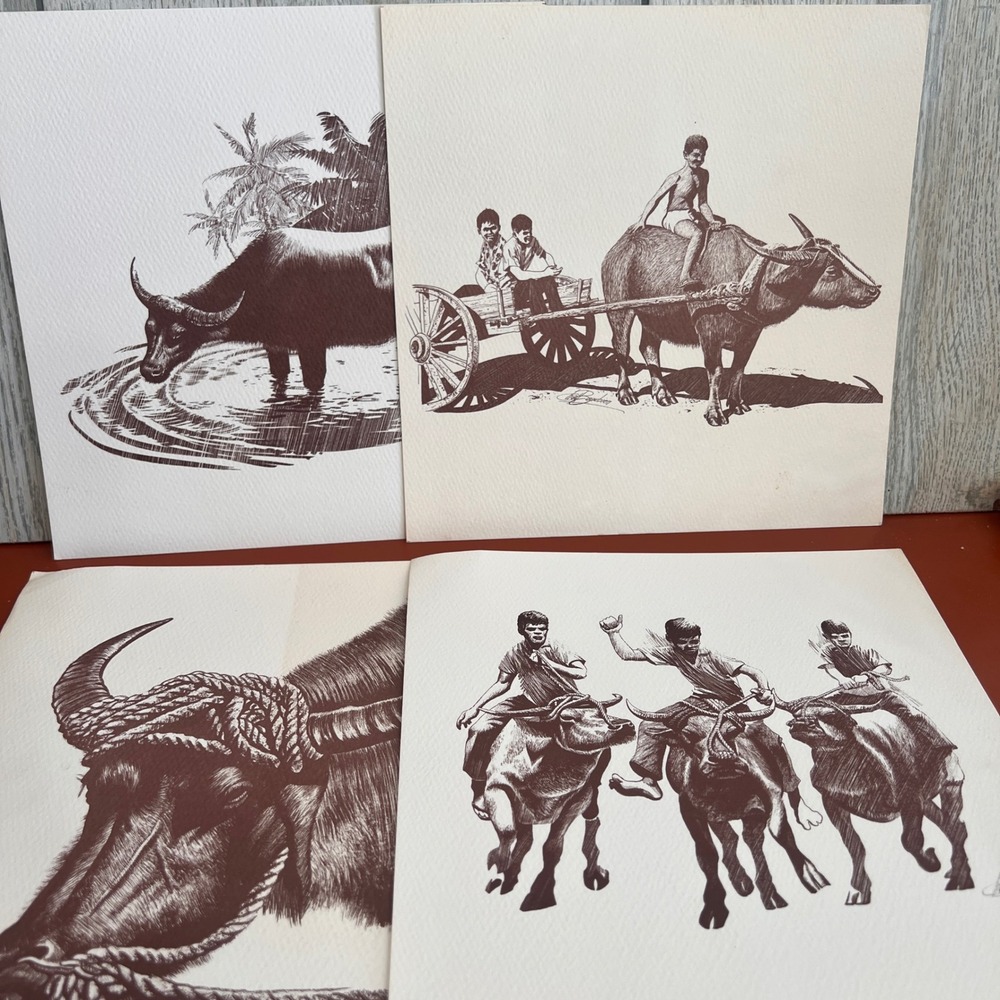 Vintage Fred Beaubien Water Buffalo Carabao Art Prints Set‎ of 4 Sepia 8x8 1970s